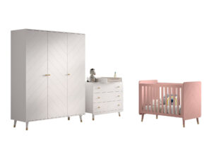 Billy set: witte Kommode, verversplank, driedeurskast en roze babybed