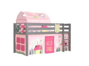 Deze PINO-combinatie bestaat uit een grijze PINO hoogslaper , een speelgordijn spring, 3 zakjes spring en een tunnel spring
