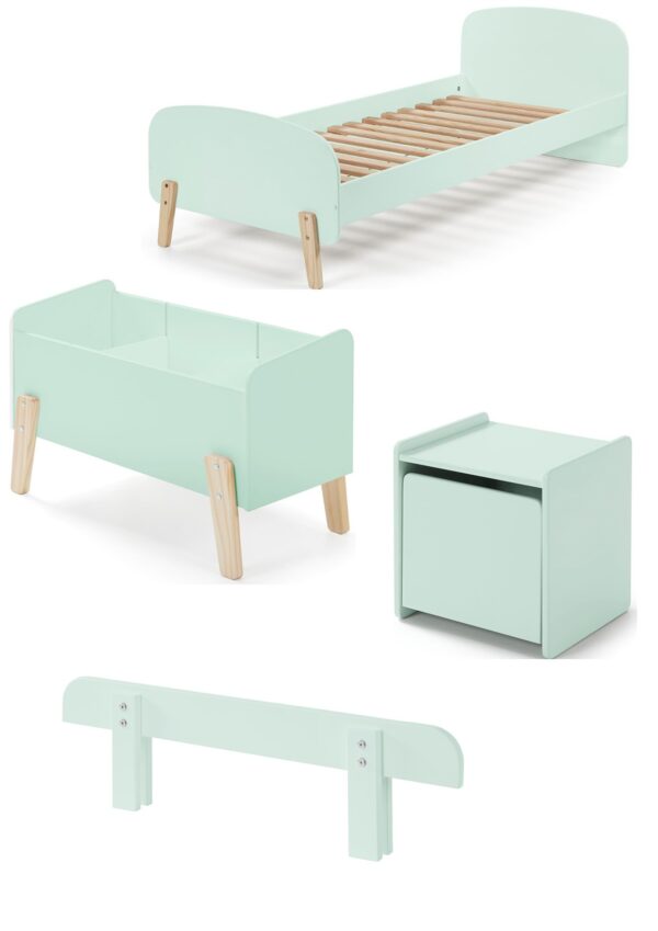 Deze KIDDY combinatie in mintgroen bestaat uit een bed (90×200) met nachtkastje, uitvalbeveiliging en speelkoffer foto 1